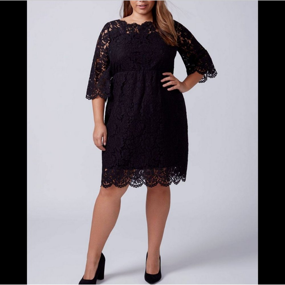 LANE BRYANT BLACK SCALLOP EDGE FIT & FLARE LINED LACE DRESS